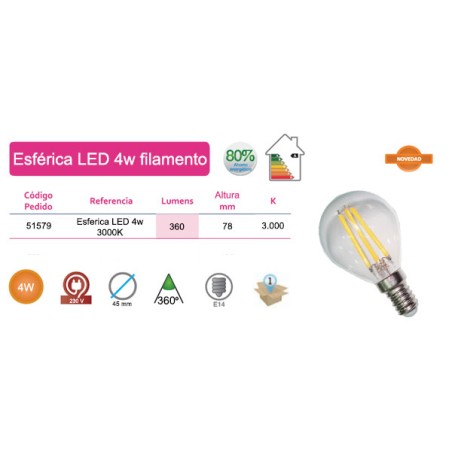 Bombilla esférica LED filamentos 4W E14 luz cálida