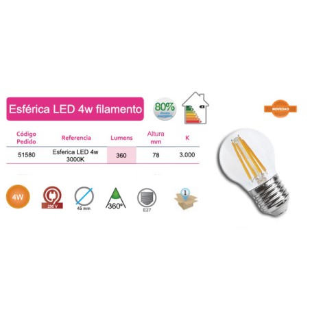 Bombilla esférica LED filamentos 4W E27 luz cálida