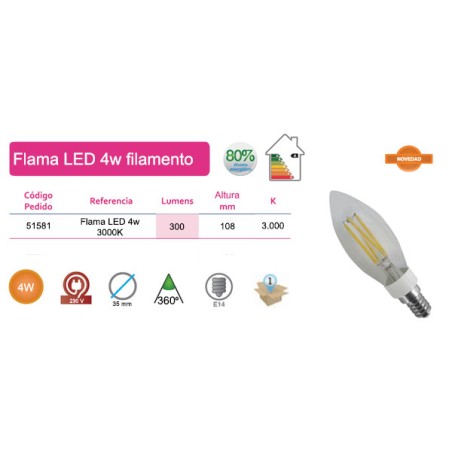 Bombilla flama LED filamentos 4W E14 luz cálida