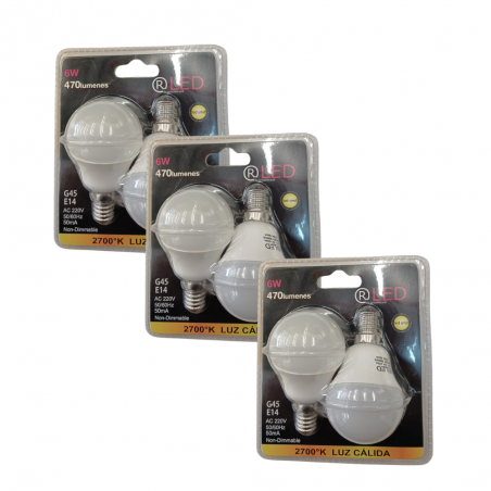 Pack 3 unidades de Pack 2 bombillas LED G45 E14 – 6W, 2700K (luz cálida)