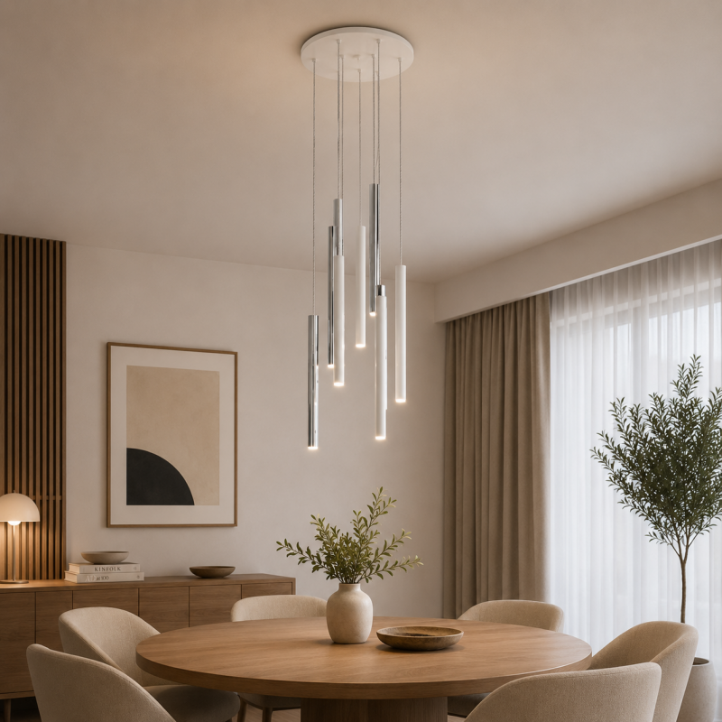 Lámpara de techo colgante Varas 9L LED 45w 3000k acabado blanco / cromo estilo moderno dimable 42cm Ø