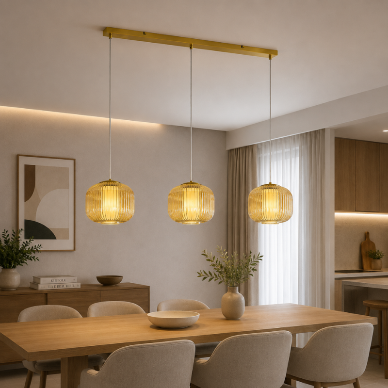 Lámpara de techo colgante Nara Lineal 3xE27 acabado cuero / ámbar estilo moderno