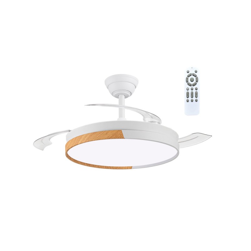 Ventilador de techo Nordic LED integrado 48w 3CCT acabado blanco / haya  estilo moderno aspas plegables motor DC 106cm Ø